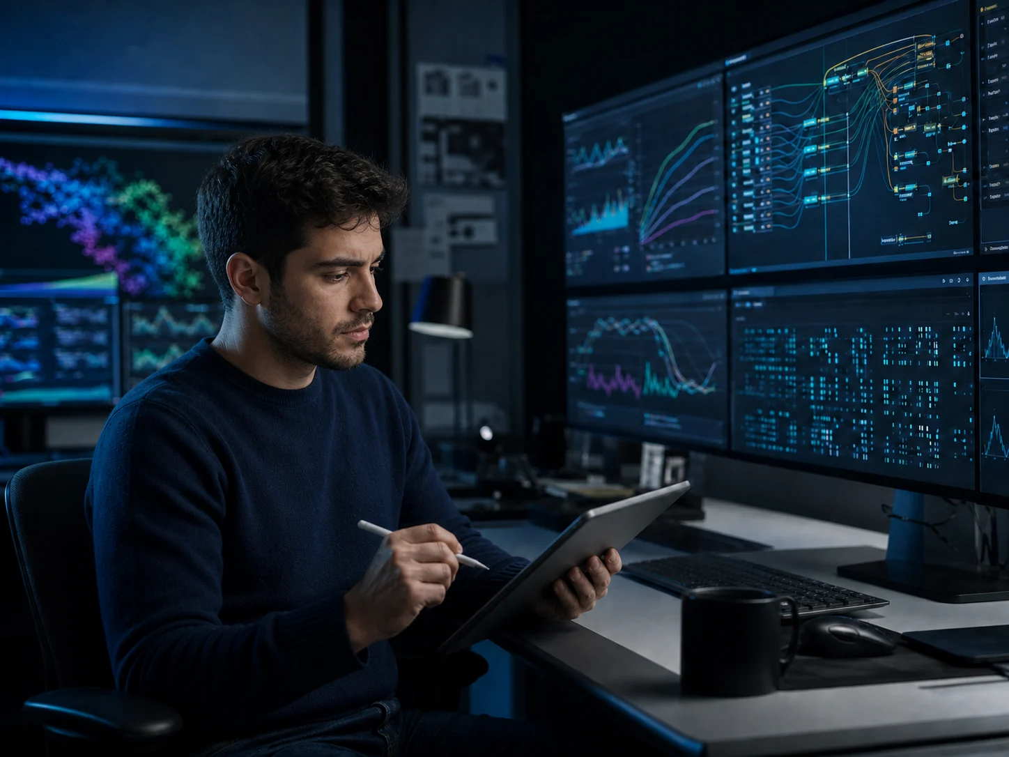 AI platform developer reviewing connected workflows and performance graphs.