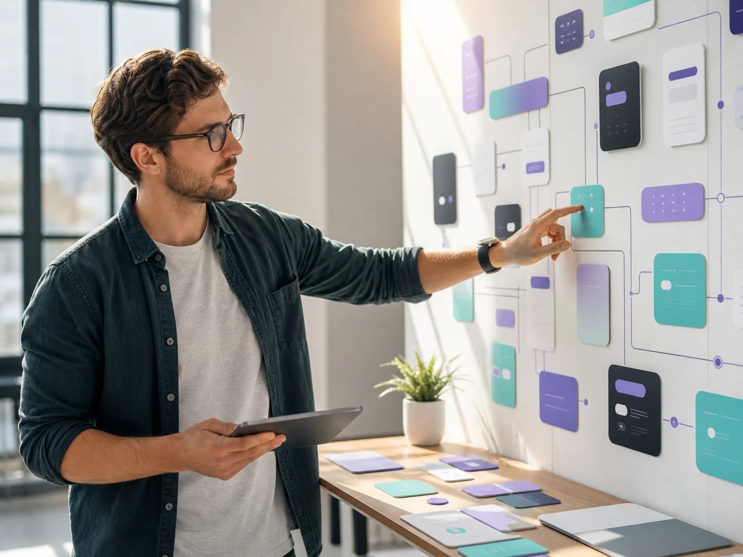 Customer journey designer mapping connected inquiry, signup and support experiences in a sunlit studio.