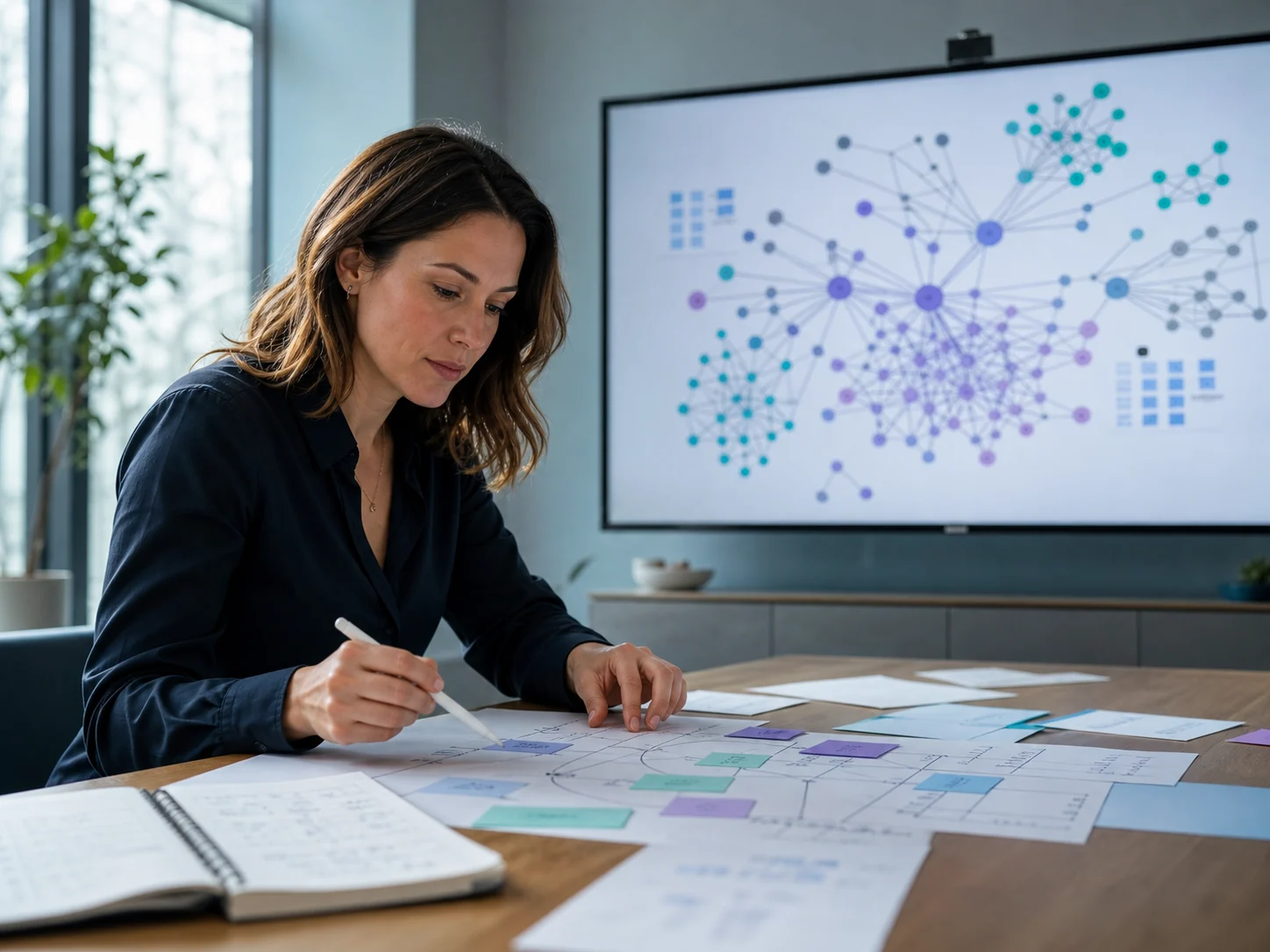 Discovery strategist reviewing source evidence and an authority graph in a bright research studio.