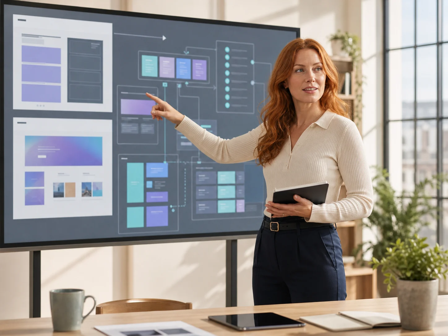 Product modernization expert reviewing a website architecture in a sunlit studio.