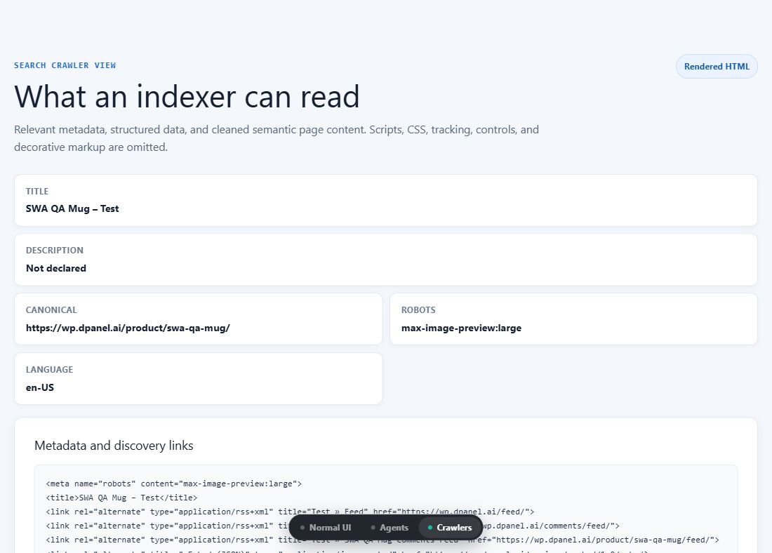 Actual Crawlers screenshot from the WordPress test site, including the plugin view switch.