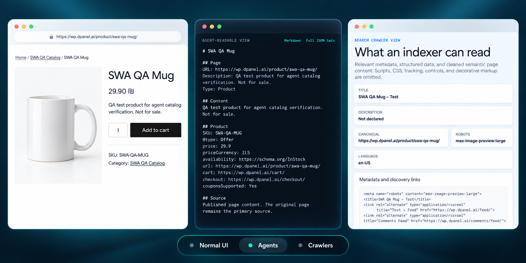 Styled demonstration from our WordPress test site: a WooCommerce product with its price, currency and stock availability in the Agents view.